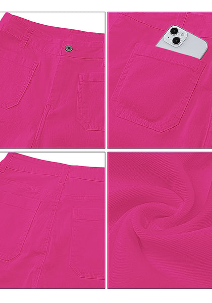 Hot Pink 2024 Women's High Waisted Long Denim Wide Leg Pockets Cropped Pants Jeans Trouser