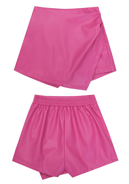 Hot Pink Women's High Waisted Faux Leather Skorts Elastic Waist Curvy Shorts