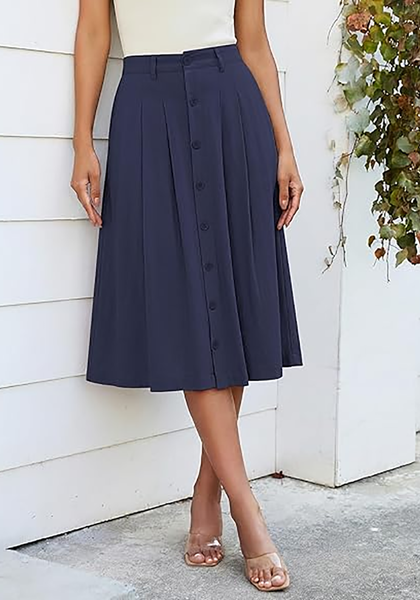 LookbookStore Women Dark Blue Pleated Linen Midi Skirt Elastic High Waist A Line Summer Skirt with Pockets