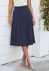 LookbookStore Women Dark Blue Pleated Linen Midi Skirt Elastic High Waist A Line Summer Skirt with Pockets