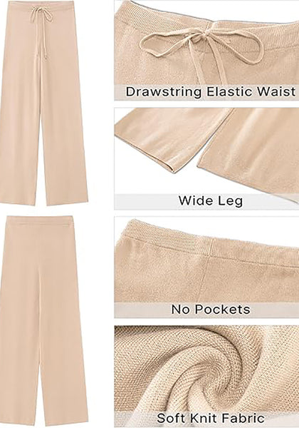 Beige Women's Full-Length Wide Leg Stretch Casual Pants Elastic Waist Relaxed Fit