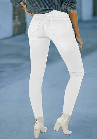 Cream White Women's Denim Fleece Mid Waist Thermal Jeggings Warm Trousers Jeans