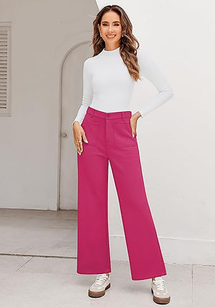 Hot Pink Women's  High Waist Relaxed Fit Wide Leg Cropped Length Style Casual Pants With Pockets