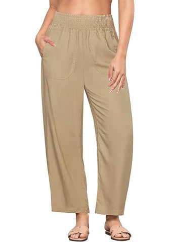 Almond Women's Casual High Waisted Lightweight Lounge Barrel Cropped Pants Soft Smocked Comfort Wear