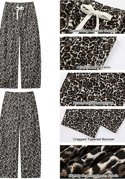 Women's Leopard Print Wide Leg Pants with Drawstring Elastic Waist Casual Loose Trousers for Summer Lounge & Vacation