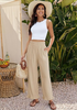 LookbookStore Women Beige High Waist Linen Pants Wide Leg Ruffle Hem Elastic Waist Cropped Ankle Beach Summer Casual Pants