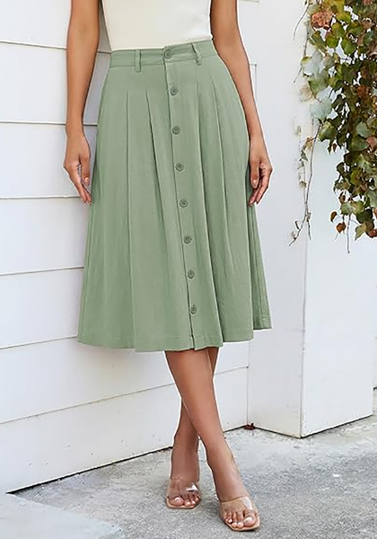 LookbookStore Women Sage Green Pleated Linen Midi Skirt Elastic High Waist A Line Summer Skirt with Pockets