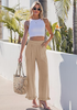 LookbookStore Women Almond High Waist Linen Pants Wide Leg Ruffle Hem Elastic Waist Cropped Ankle Beach Summer Casual Pants