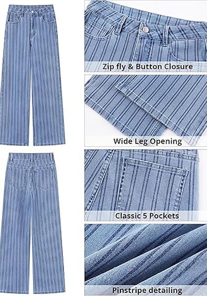 High Waisted Striped Wide Leg Jeans for Women Vintage Denim Loose Fit Casual Pants