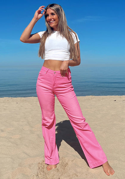 Hot Pink Women's High Waist 90s Wide Leg Stretchy Jean Pants