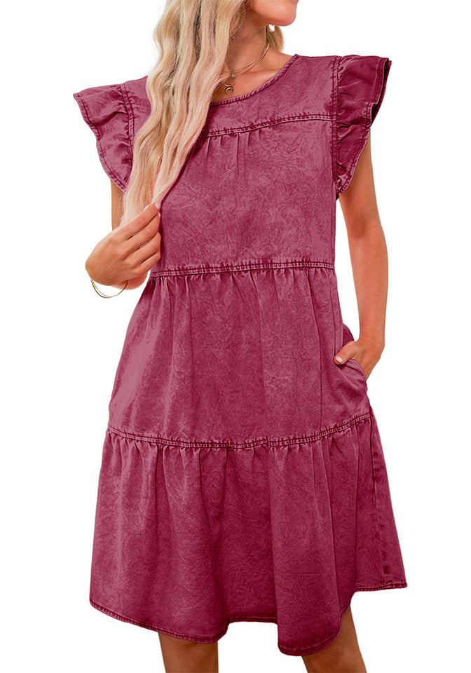 Baroque Rose Women's Mini Denim Babydoll Sleeveless Ruffle Sleeve Plea   Lookbook Store