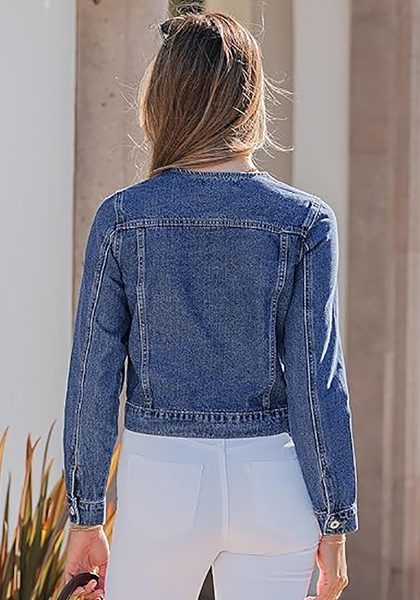 LookbookStore Women Classic Blue Denim Jacket Crew Neck Button Front Utility Pockets Relaxed Fit Casual Daily Wear Staple