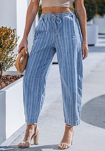 LookbookStore Women's Modern Blue Stripe Cropped Barrel Jeans High Waist Elastic Pull On Wide Leg Casual Stretch Denim Pants