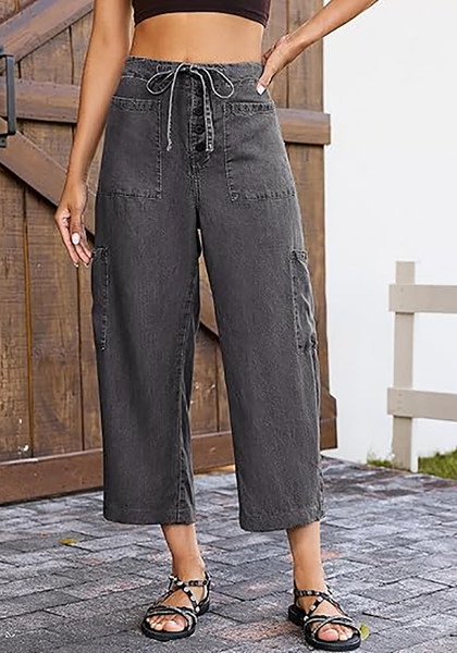 LookbookStore Women's Dust Black Trendy Barrel Jeans, High Rise Wide Leg Baggy Denim Pants with Elastic Drawstring Waist & Button Fly