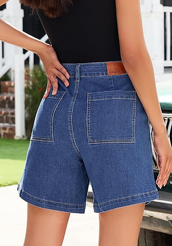 LookbookStore Women's Classic Blue High Waisted Wide Leg Cinch Waist Stretchy Denim Shorts Casual Summer Mid Thigh Jorts