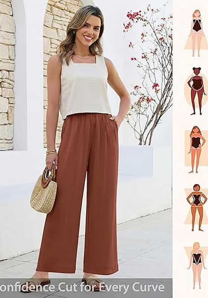 LookbookStore Women's Rust High Waisted Wide Leg Linen Pants Paper Bag Smocked Waist Casual Summer Beach Palazzo Pants