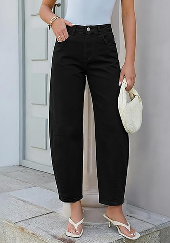 LookbookStore Women's True Black High Waisted Baggy Barrel Jeans Cropped Wide Leg Casual Stretchy Denim Pants with Side Seam