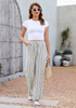 LookbookStore Cream White Stripe High Waisted Wide Leg Pants for Women Drawstring Waist Casual Comfort Pants