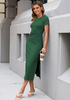 LookbookStore Women Dark Green Summer Casual Long Dress, Twist Front Side Slit Short Sleeve Comfy T-Shirt Dress 2026 Beach Vacation