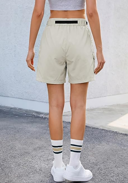 LookbookStore High Rise Turtledove Women's Cargo Shorts, Mid-Thigh Quick Dry Hiking Shorts with Belt & Zipper Pockets