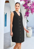 LookbookStore Women's  Black Knee Length Linen Dress – Sleeveless V Neck Button Down, Self Tie Waist & Side Pockets