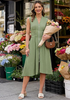 LookbookStore Women's Army Green Summer Beach Vacation Linen Dress Casual Flowy V Neck Sleeveless Smocked Zip Midi Dress with Pockets