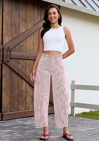 LookbookStore Women's Red Trendy Barrel Jeans Baggy Wide Leg Pinstripe High Waisted Cropped Stretchy Denim Pants