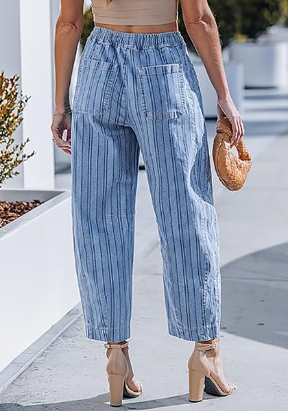 LookbookStore Women's Modern Blue Stripe Cropped Barrel Jeans High Waist Elastic Pull On Wide Leg Casual Stretch Denim Pants