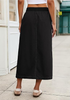 LookbookStore Women True Black High Waist Jean Midi Skirt Elastic Drawstring Denim Long Skirt with Pockets Front Split Design
