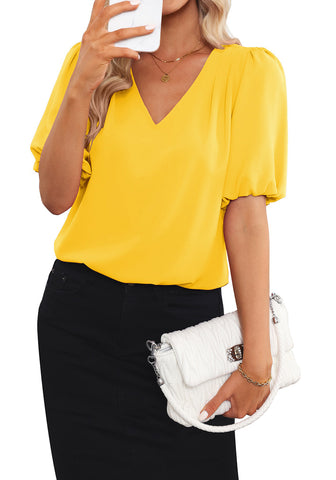 Cyber Yellow Women's Puff Sleeve V-Neck Blouses Business Casual Work Tops