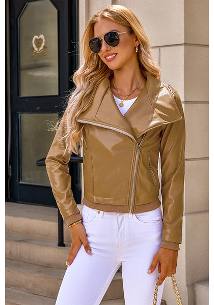 Amber Gold Women's Faux Leather Long Sleeve Motorcycle Biker Warm Jacket