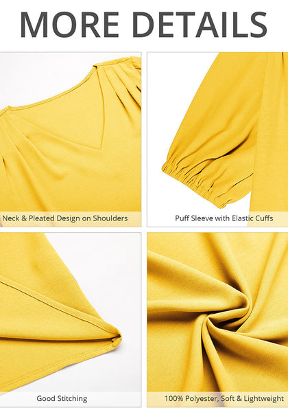 Cyber Yellow Women's Puff Sleeve V-Neck Blouses Business Casual Work Tops