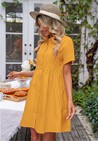 Radiant Yellow Women's Short Sleeve Button Down Babydoll Dress A-Line Tunic Dress
