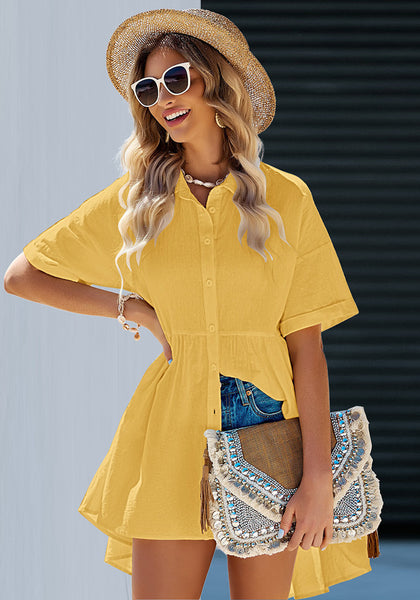 Buff Yellow 2023 Button Down Shirts for Women Oversized Short Sleeve Blouses Babydoll Flowy High Low Tunic Tops Summer