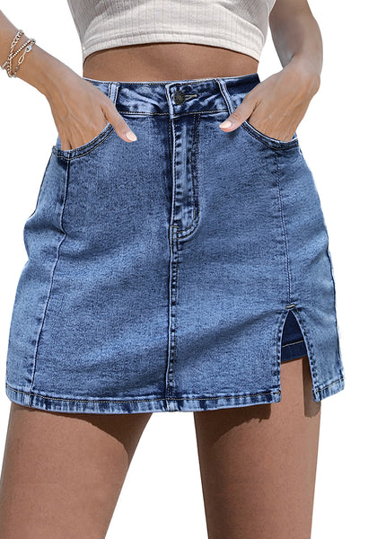 Bay Blue- Acid Wash Women's Brief Denim High Waisted Skirt Split Hem Stretch
