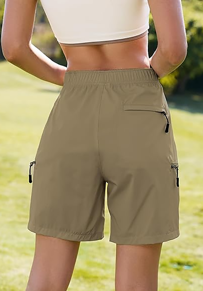 LookbookStore Women's  Dark Khaki Cargo Hiking Shorts Elastic Pull On Waist Lightweight Quick Dry 7 Inch Inseam Summer Outdoor Athletic Golf Shorts