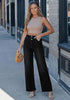 Washed Black Women's High Waisted Wide Leg Jeans by luvamia — Stretchy 90s Baggy Straight Denim, Raw Hem, Button Front, 29.5