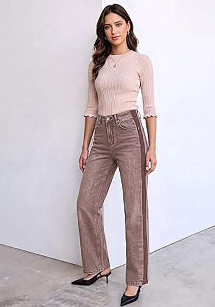 Pecan Brown Women's High Waisted Straight Leg Jeans, Tuxedo Side Stripe Stretchy Denim Pants, 29" Inseam Relaxed Fit 90s Style Concert Outfits