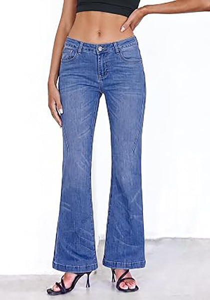 Medium Blue Flare Jeans for Women Mid Rise Bootcut Denim Pants Distressed Stretchy Retro Y2K Washed Date Night Outfit Nashville Western Style