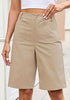 LookbookStore Women's Pale Khaki High Waisted Knee Length Bermuda Shorts Casual Dressy Chino Shorts with Elastic Waist and Patch Pockets