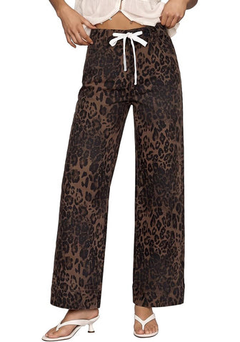 GRAPENT Women's High Waisted Wide Leg Leopard Jeans | Leopard Print Denim, Drawstring Waist, Loose Straight Leg, 28" Inseam, Dressy Casual Everyday Wear