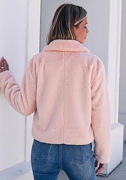 Pink Women's Cropped Fluffy Faux Fur Coat — Oversized Lapel Jacket with Button Down Closure & Warm Lining