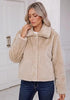 Beige Women's Cropped Fluffy Faux Fur Coat — Oversized Lapel Jacket with Button Down Closure & Warm Lining