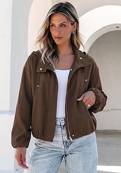 Chocolate Brown Women's Trendy Funnel Neck Bomber Jacket — Oversized Cropped Zip Up Hooded Jacket with Stand Collar & Elastic Cuff Hem