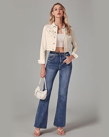 Light Beige Women's Basic Long Sleeves Fitted Denim Cropped Jacket