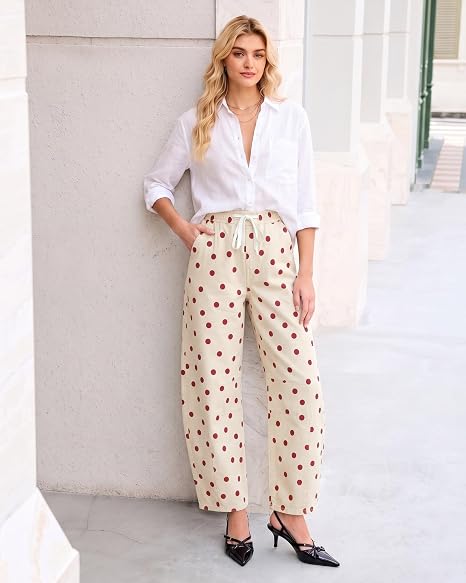GRAPENT Women's High Rise Polka Dot Barrel Jeans | Stretch Denim, Elastic Drawstring Waist, 27" Inseam, Cropped, Dressy Casual Daily Wear