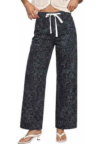 GRAPENT Women's High Waisted Wide Leg Leopard Jeans | Leopard Print Denim, Drawstring Waist, Loose Straight Leg, 28" Inseam, Dressy Casual Everyday Wear