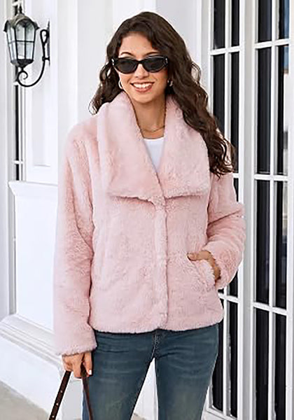 Light Pink Wide Lapel Faux Fur Coat for Women — Oversized Dropped Shoulder Jacket with Side Pockets & Snap Buttons