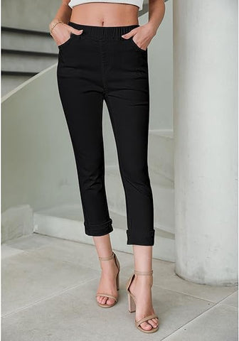 Always Black Women's High Waisted Elastic Slight Stretch Denim Pull On Cuffed Hem Capri Jeans Denim Pants