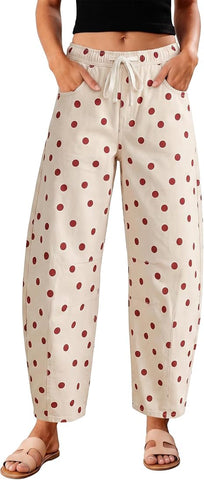 GRAPENT Women's High Rise Polka Dot Barrel Jeans | Stretch Denim, Elastic Drawstring Waist, 27" Inseam, Cropped, Dressy Casual Daily Wear